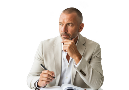 Mature businessman thinking writing in notebook planning strategy isolated png image, man in suit isolated on transparent background