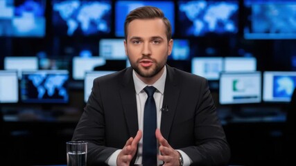 A professional male news anchor in a suit and tie sits at a desk with a glass of water, speaking to the camera with a background of multiple screens displaying world maps and data - Powered by Adobe