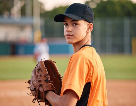 Young baseball player looking back on the field with mitt in hand ready to play - Powered by Adobe