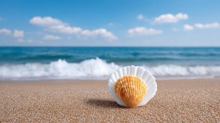 Obraz premium Close-up of a beautiful seashell on sandy beach with gentle waves in the background.