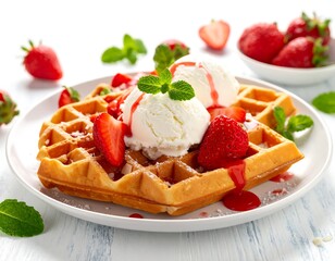 Waffles with Strawberries, Ice Cream, and Dessert.