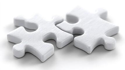 Obraz premium Two white puzzle pieces, nearly joined, on a white background