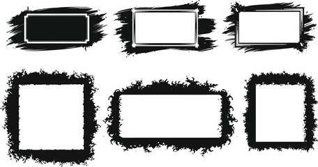 grunge overlay frame brush style set on a transparent background. and torn paper effect. Retro grunge texture with ink splash for social media. Dirty border pattern art. Crack wall silhouette