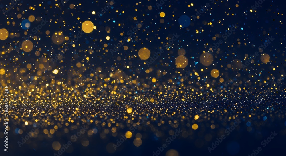 Poster golden sparkling particles and bokeh lights on a dark blue background, creating a magical and festiv