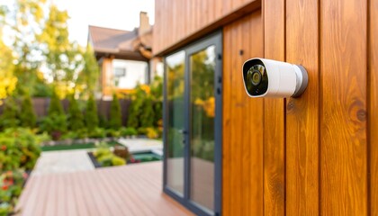 Exterior security camera mounted on a wooden wall.