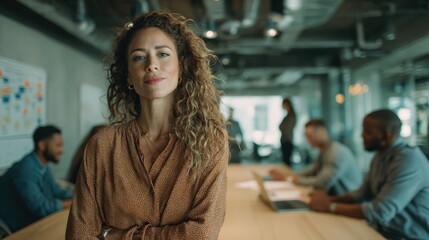 young confident professional woman leading discussion at a large collaborative table, diverse teammates engaged, modern minimalist office with creative vibe, cinematic color grading
