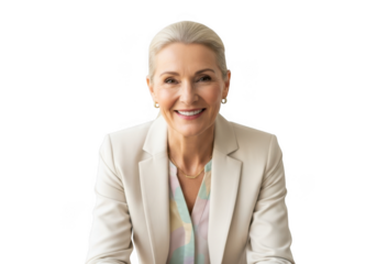 Professional senior businesswoman smiling portrait headshot elegant white suit isolated png image for design projects and marketing materials isolated on transparent background