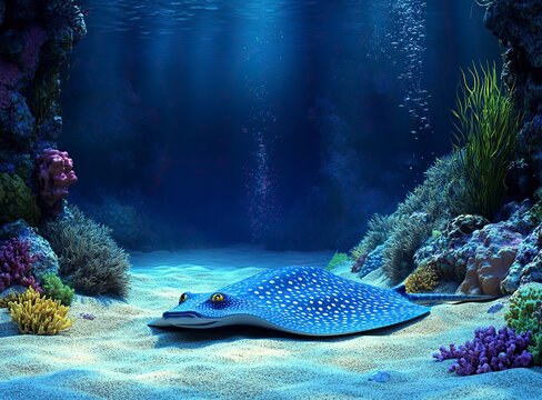 Blue-spotted stingray, in the style of E&aring;&frac12;&sect;, resting on the sandy bottom of the Red Sea near a coral reef. A colorful blue fish with yellow eyes and numerous small spots on its body swimming underwate