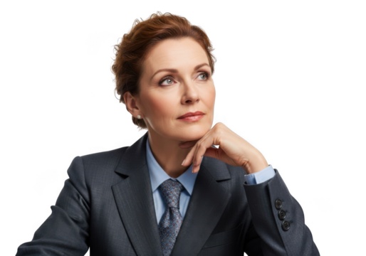 Thoughtful businesswoman in suit looking upward png image for professional use and design projects, isolated on transparent background - Powered by Adobe