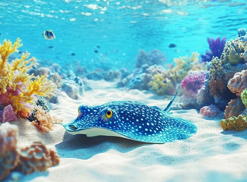 Blue-spotted stingray, in the style of E&aring;&frac12;&sect;, resting on the sandy bottom of the Red Sea near a coral reef. A colorful blue fish with yellow eyes and numerous small spots on its body swimming underwate