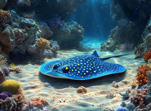 Blue-spotted stingray, in the style of E&aring;&frac12;&sect;, resting on the sandy bottom of the Red Sea near a coral reef. A colorful blue fish with yellow eyes and numerous small spots on its body swimming underwate