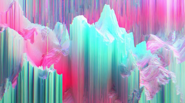 Abstract digital landscape of vibrant, pixelated mountains