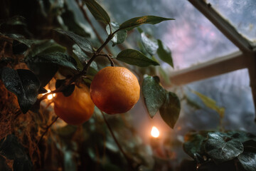 Close-up of fresh oranges hanging on the tree branch