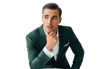 Handsome businessman in green suit posing thoughtfully stock photo, professional male model, isolated on transparent background