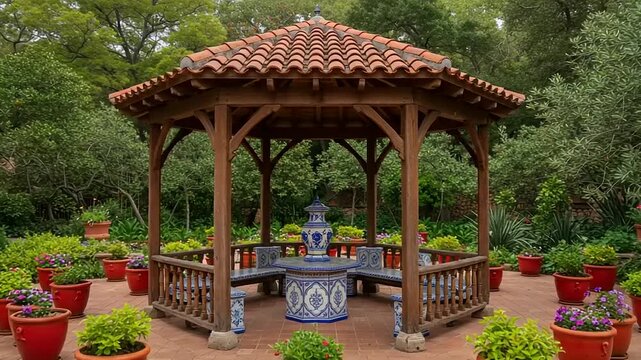 Colorful gazebo surrounded by vibrant flower pots