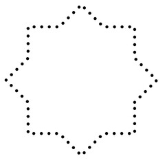 Decorative eight-pointed star dotted outline vector shape, ornamental design, ideal for patterns, Islamic motifs, logos, emblems, and templates.