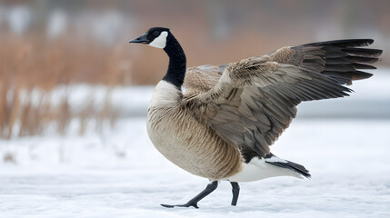 Majestic Canada goose stretches wings amidst winter snow creating dynamic natural portrait