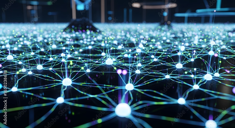 Fototapete abstract network of glowing nodes connected by lines, creating a complex web-like structure with a f