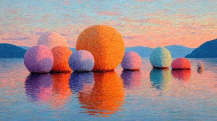 Colorful orbs float on a still lake at sunset