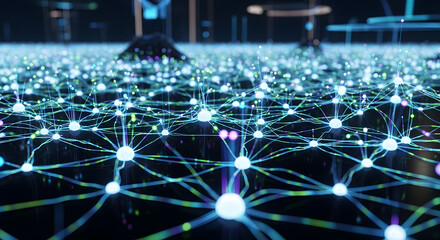 Abstract network of glowing nodes connected by lines, creating a complex web-like structure with a futuristic and technological feel.