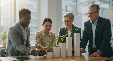 Diverse Business Professionals Collaborate on Growth Strategy, Nurturing Seedlings Representing Company Progress and Sustainable Business Practices for a Brighter Future