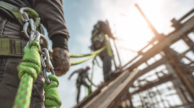 Construction workers secure on framework, focus on green rope and harness