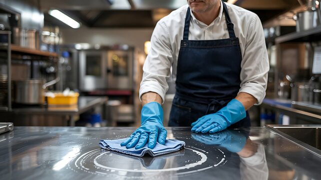 Professional chef wearing blue gloves meticulously cleaning a stainless steel kitchen counter with a blue cloth ensuring hygiene and cleanliness in a commercial restaurant