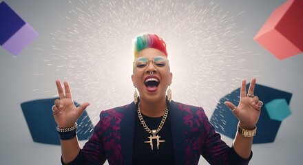 Excited, stylish individual celebrating with vibrant hair, bold jewelry, and a triumphant gesture
