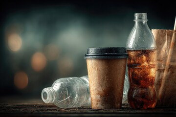 Used disposable coffee cup and drinks on a dark wooden surface