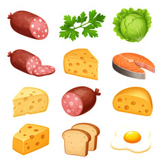 A delicious assortment of food items including salami cheese salmon bread and fried egg isolated on transparent background