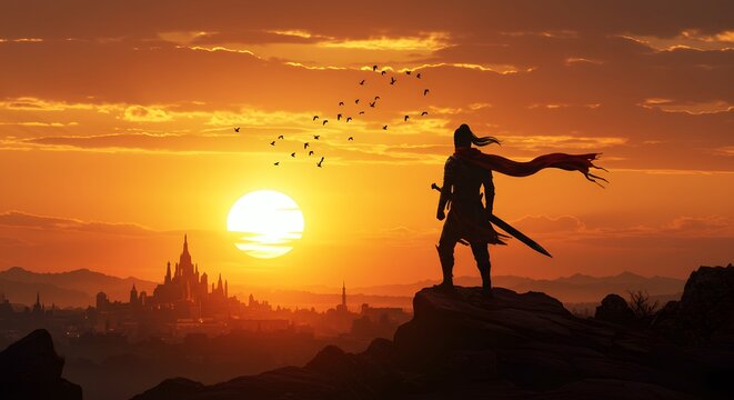 Silhouette of a warrior with a sword and flowing cape standing on a cliff at sunset with birds flying in the orange sky - Powered by Adobe