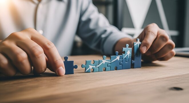 Business growth visualized as puzzle pieces forming an upward trend graph with arrows - Powered by Adobe
