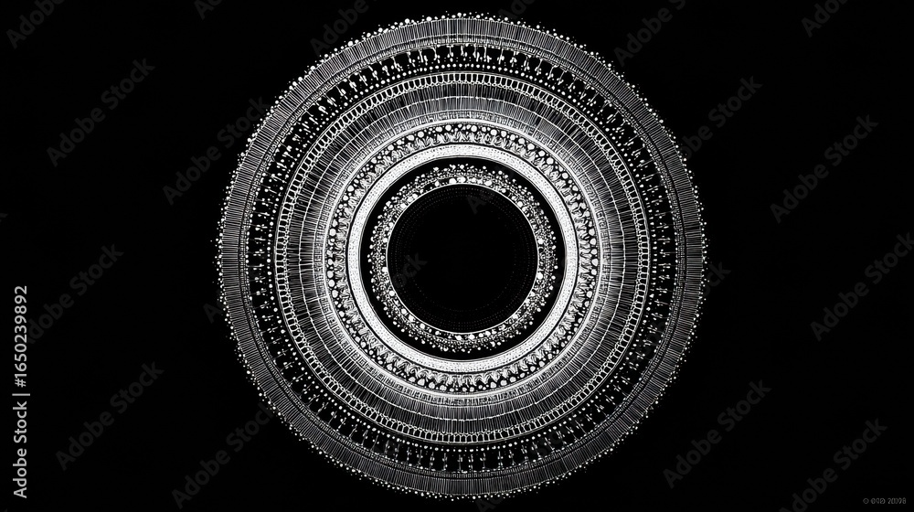 Poster intricate circular design featuring symmetrical patterns and detailed textures on a dark background