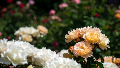 Soft focus image of a cluster of peach and white roses in a garden