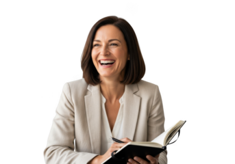Smiling businesswoman holding notebook and pen, happy professional woman writing notes, isolated on transparent background