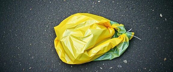 A crumpled plastic grocery bag lies discarded on pavement,  store,  single-use