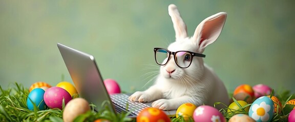 A cute white rabbit wearing glasses works on a laptop amidst colorful Easter eggs,  spring holiday,  cute