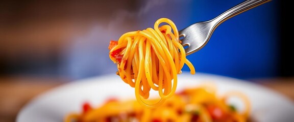 A fork entwined with a generous portion of spaghetti, still life, Italian