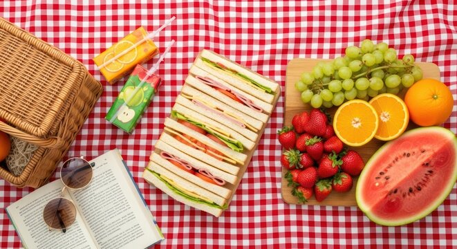 A Perfect Summer Picnic Spread with Sandwiches, Fresh Fruit, and a Book for Leisure