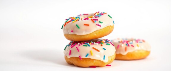 A stack of three glazed doughnuts, generously sprinkled with colorful sprinkles, sits on a pristine white background,  sprinkles,  sugary treat