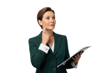 Thoughtful mature businesswoman with clipboard posing and looking upward in green suit isolated on transparent background