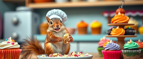 A tiny chef squirrel happily munching cupcake crumbs amidst a colorful cupcake tower in a warm kitchen,  miniature,  vibrant