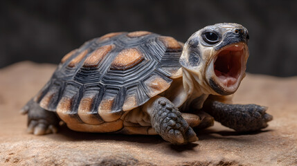 Fototapeta premium Adorable baby tortoise opens mouth wide revealing a tiny pink tongue on textured rock surface