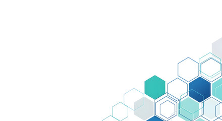 Abstract background featuring a geometric pattern of interconnected hexagons in shades of teal, blue, and white on a clean white backdrop.
