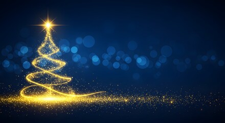 Abstract glowing golden christmas tree made of light particles and sparkles on a dark blue bokeh background, symbolizing holiday season and celebration