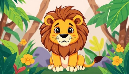 Adorable cartoon lion, jungle setting, hand-drawn vector illustration in flat style,  design,  jungle clipart