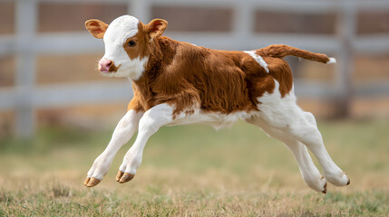 Adorable Hereford calf leaps with joy across a grassy meadow, capturing pure country charm.