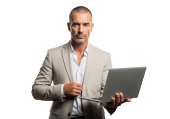 Confident businessman holding laptop computer, professional man in suit working, isolated portrait, isolated on transparent background