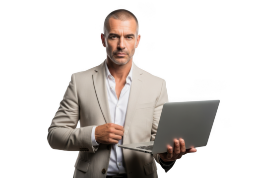 Confident businessman holding laptop computer, professional man in suit working, isolated portrait, isolated on transparent background