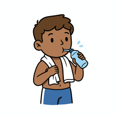 Cartoon Boy with Towel Drinking Water from Bottle.